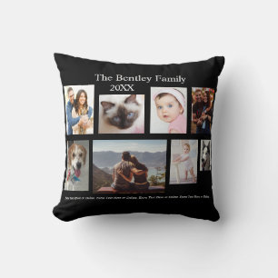 8 familjefoton, DIY namn & år, Svart Kudde