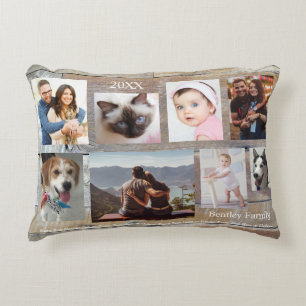 8 familjefoton, trägrain, DIY Namn och år Prydnadskudde