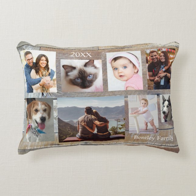 8 familjefoton, trägrain, DIY Namn och år Prydnadskudde (Framsidan)