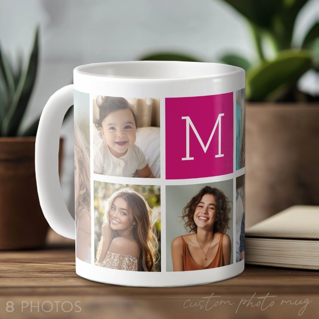8 Foto Collage Anpassad Berry Monogram Kaffemugg (Photo Mug with Lots of Photos)
