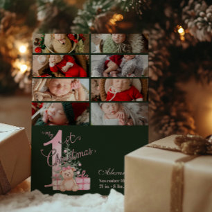 8 Foto Rosa Grönt Baby Första jul Julkort