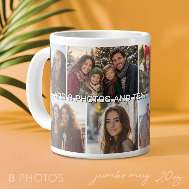 8 Fotocollage Grid - Anpassad text Jumbo Mugg (Custom Photo Mug on a Jumbo Size Cup)