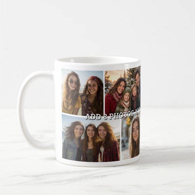 8 Fotocollage Grid - Anpassad text  Kaffemugg (Vänster)
