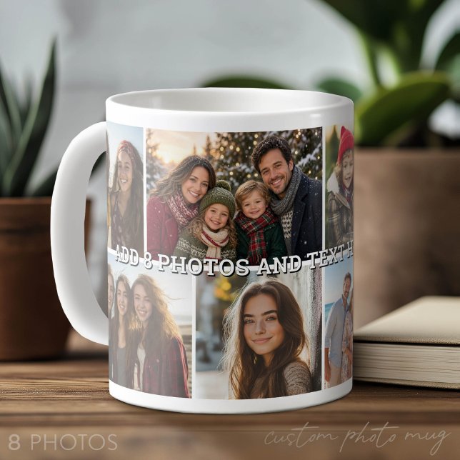 8 Fotocollage Grid - Anpassad text  Kaffemugg (Photo Mug with Lots of Photos)