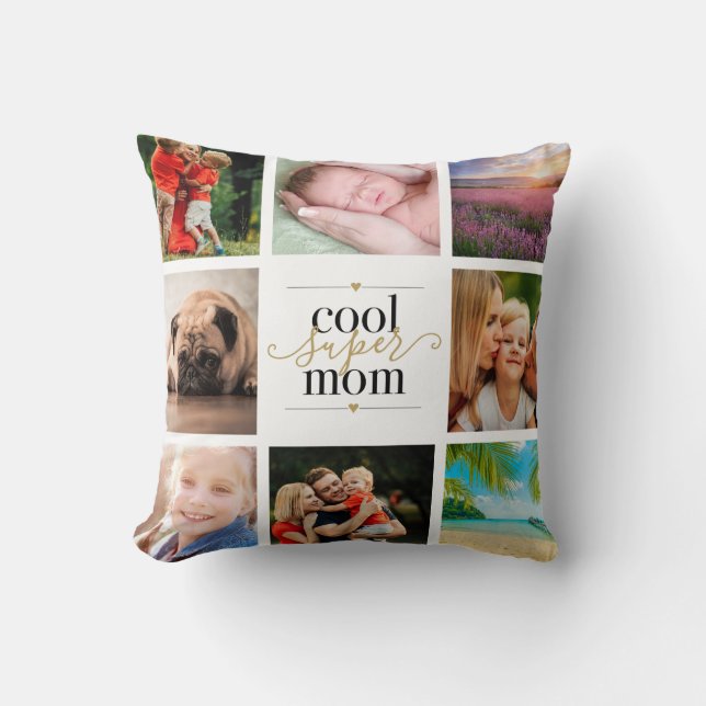 8 Fotocollage Svart och Guld Cool Super Mamma Kudde (Framsida)