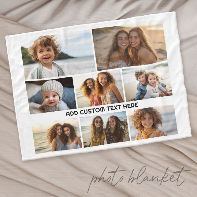 8 Fotokollage 1 textrad -- KAN ändra färg Fleecefilt (Custom Photo Blanket with Lots of Photos)