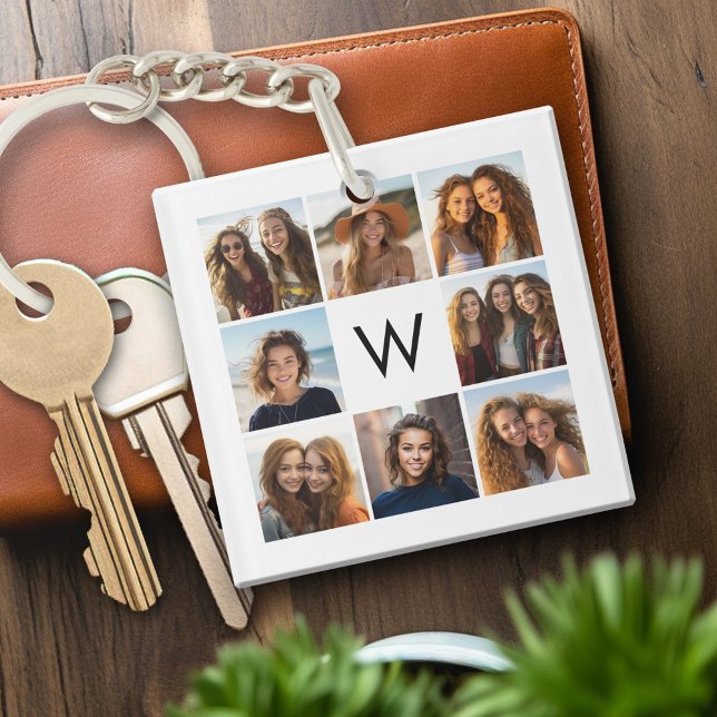 8 Fotokollage Anpassad Monogram Svart och Vitt (Personalized keychain with photo collage and monogram)