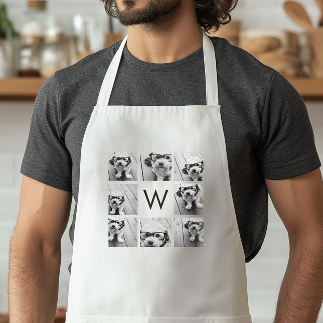 8 Fotokollage Anpassad Monogram Svart och Vitt Förkläde (Custom Apron with a Photo Collage)