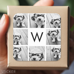 8 Fotokollage Anpassad Monogram Svart och Vitt Fyrkantigt Klistermärke