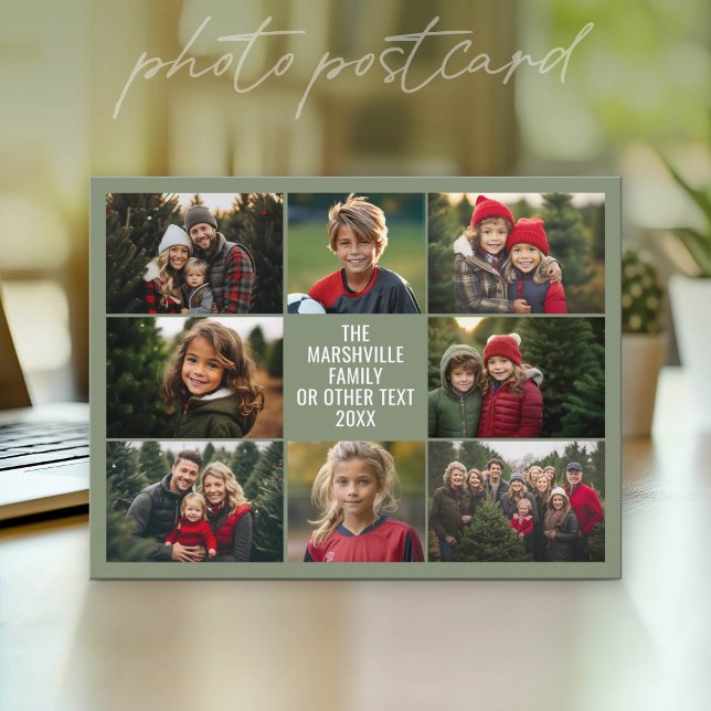 8 Fotokollage - Anpassad text - Grön bakgrund Vykort (Photo Postcard that You Can Customize with your favorite photos - Modern, minimal design)