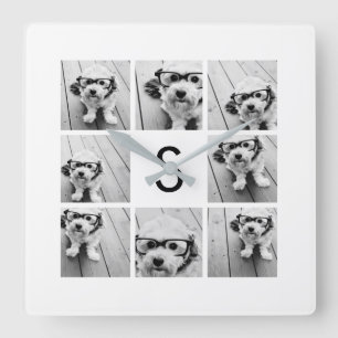 8 Fotokollage Anpassningsbar Monogram svartvitt oc Fyrkantig Klocka