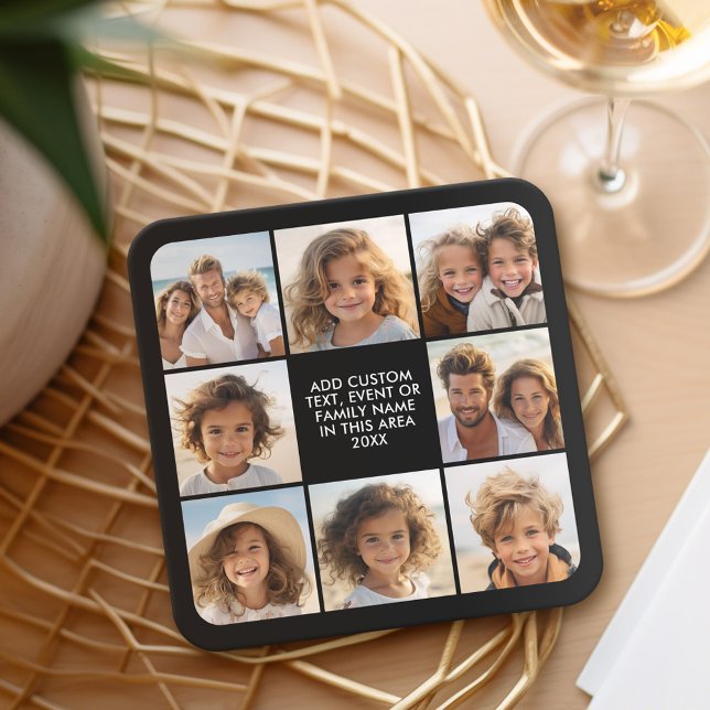 8 Fotokollage - Anpassningsbar Text - Svart bakgru Underlägg Papper Kvadrat (Personalized coaster - 8 photo collage)