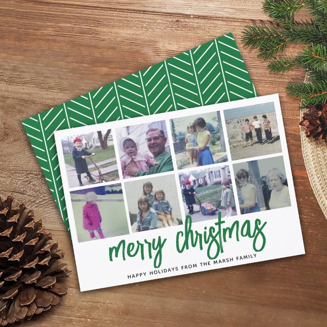 8 Fotokollage - Glad jul grönt mönster Julkort (Skapare uppladdad)