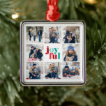 8-Fotokollage "Glatt" Festive Grönt och Red Julgransprydnad Metall<br><div class="desc">8-Photo Collage "Glatt" vinterblå typografi - juldesign.</div>