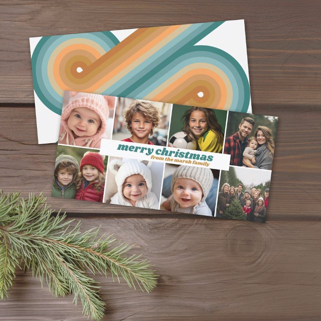 8 Fotokollage - God jul Retro Rand Julkort (Trendy Retro Stripe Christmas Card with 8 Photo Collage.)