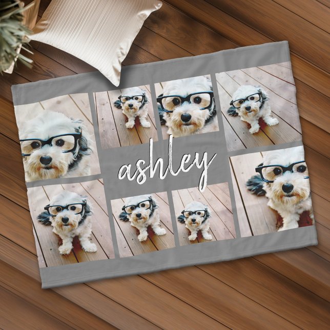 8 Fotokollage Lägg till Ditt Namn Kalligrafi Grå Fleecefilt (Custom Fleece Blanket - Add Photos and Text)