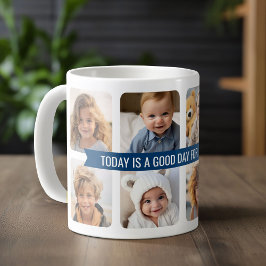 8 Fotokollage med Anpassningsbar Text, blå menyfli Kaffemugg