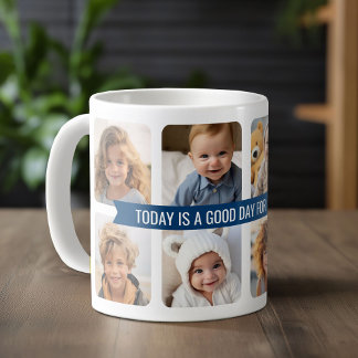 8 Fotokollage med Anpassningsbar Text, blå menyfli Kaffemugg