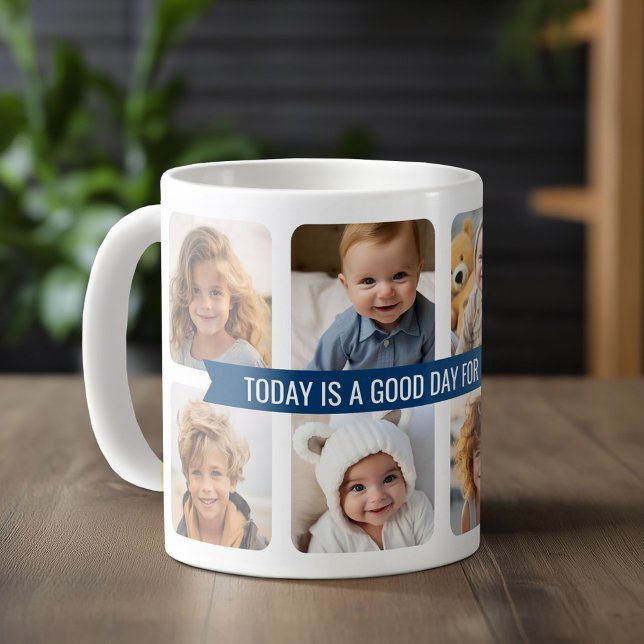 8 Fotokollage med Anpassningsbar Text, blå menyfli Kaffemugg (Custom Photo Mug)