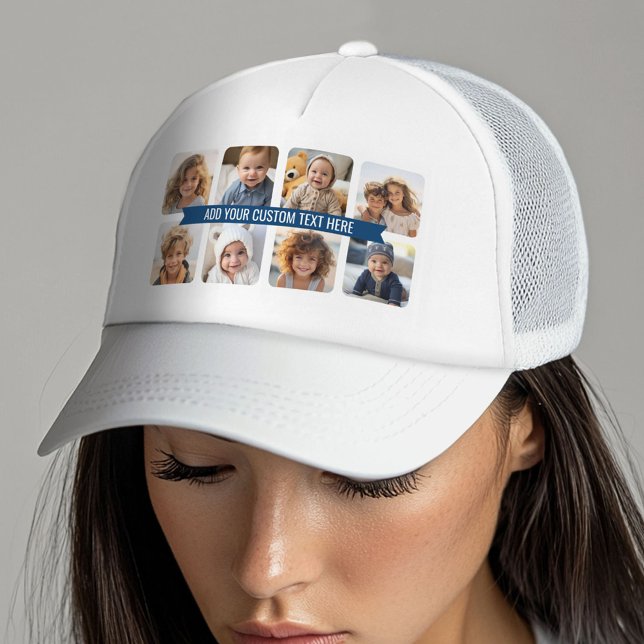 8 Fotokollage med Anpassningsbar Text, blå menyfli Keps (Custom Photo Collage Trucker Hat)