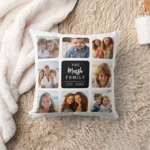 8 Fotokollage med Family Namn i Mitten - svart Kudde