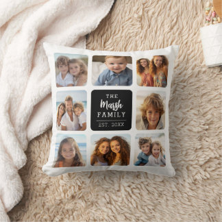 8 Fotokollage med Family Namn i Mitten - svart Kudde