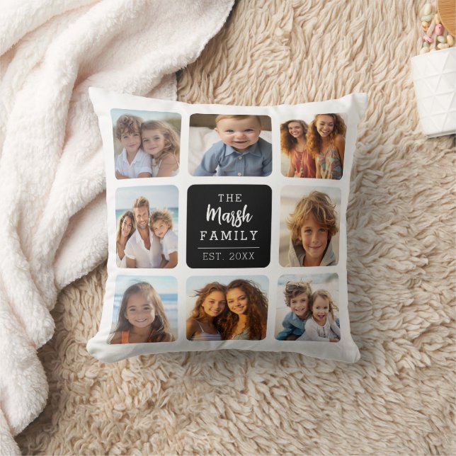 8 Fotokollage med Family Namn i Mitten - svart Kudde (Filt)