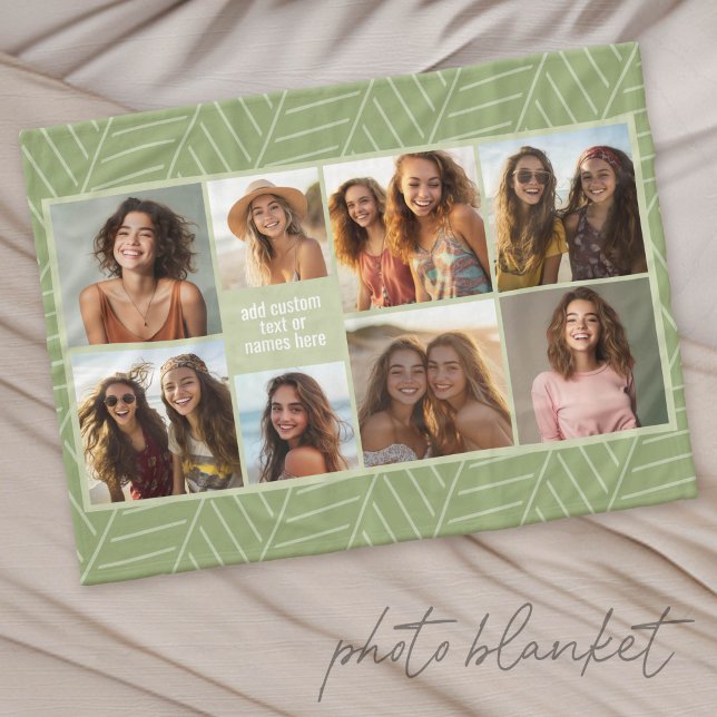 8 Fotokollage - med grönt mönster Fleecefilt (Custom Photo Blanket with Lots of Photos)
