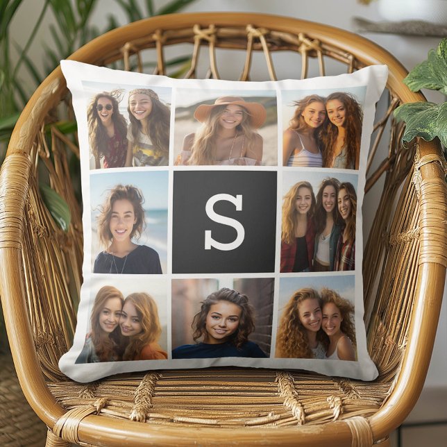 8 Fotokollage med svart-vit monogram Kudde (Custom Photo Pillow - Add Your Own Pics!)