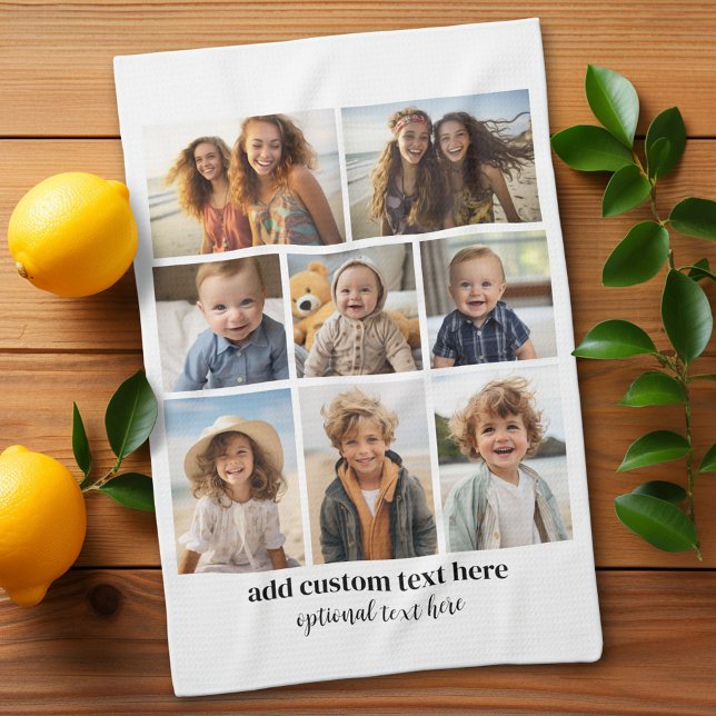 8 Fotokollage - Modern minimal svart och vit Kökshandduk (Custom Kitchen Towel with Photo Collage)