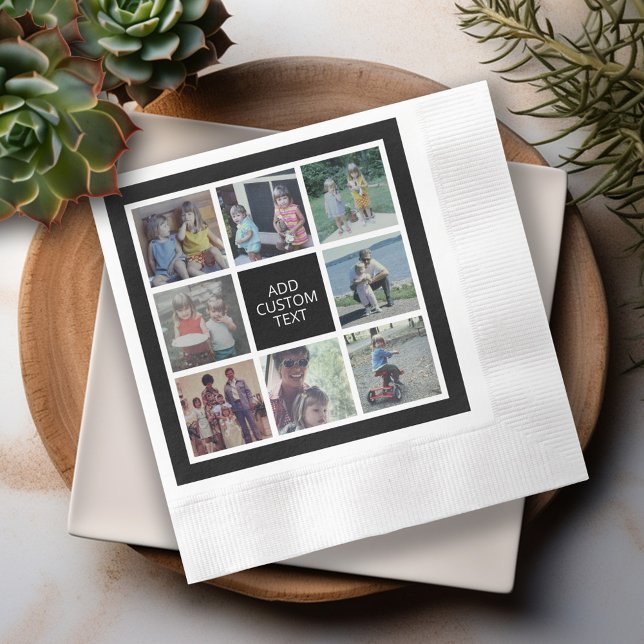 8 Fotokollage - svartvit - Anpassningsbar text Pappersservett (Fun party napkins with 8 photos and text - personalized party napkins)