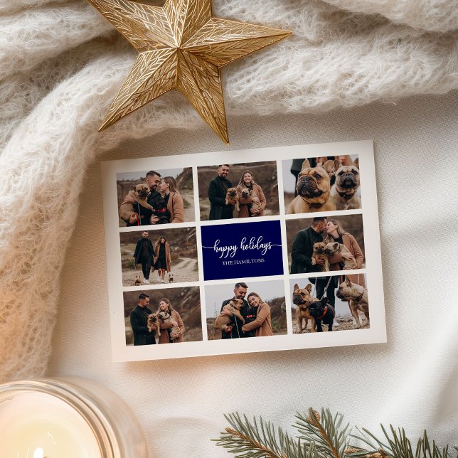 8 Foton Glad helg Modern Collage Navy Blue Vykort (Skapare uppladdad)