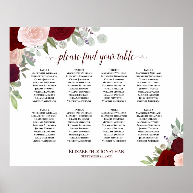 8 passagerardiagram Bord Burgundy, Red & Rosa ros Poster (Framsidan)