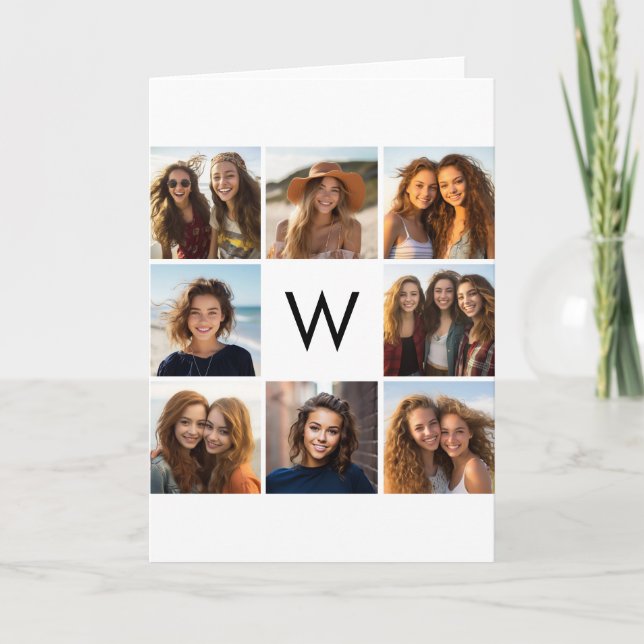 8 Photo Collage Anpassningsbar Monogram Black and  Anteckningskort (Framsida)