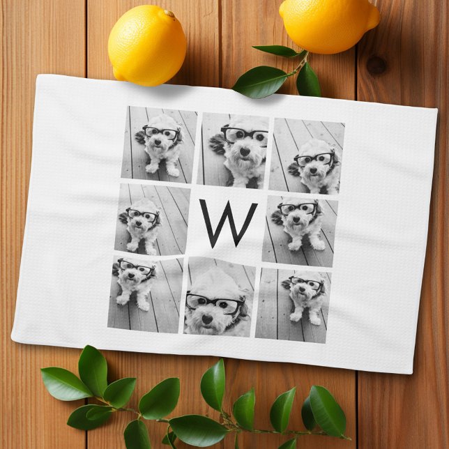 8 Photo Collage Anpassningsbar Monogram Black and  Kökshandduk (Personalized kitchen towel with photo collage)