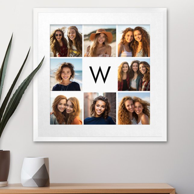 8 Photo Collage Anpassningsbar Monogram Black and  Poster (Custom Poster with 9 Photos)