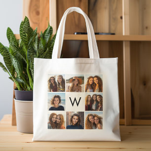 8 Photo Collage Anpassningsbar Monogram Black and Tygkasse