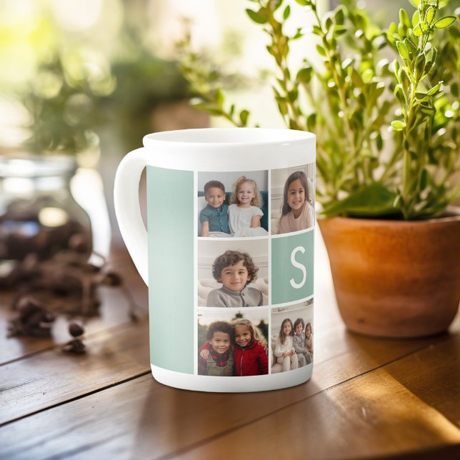 8 Photo Collage Anpassningsbar Monogram Mint Grönt Benporslin Mugg (Personalized mug with photos and a monogram)