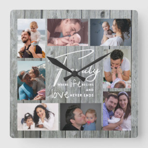8 Photo Collage Family Kärlek Quote Grått Wood Fyrkantig Klocka