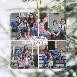 8 Photo Collage Family Namn & Year Simple White Julgransprydnad Keramik