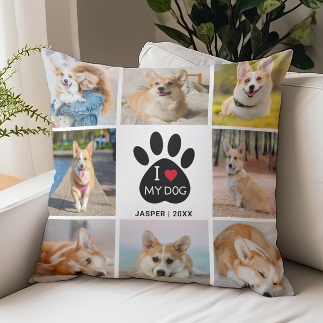 8 Photo Collage I Kärlek My Hund Paw Skriv ut Kudde (8 Photo Collage, Add Name and Year, I Love My Dog Pillow)