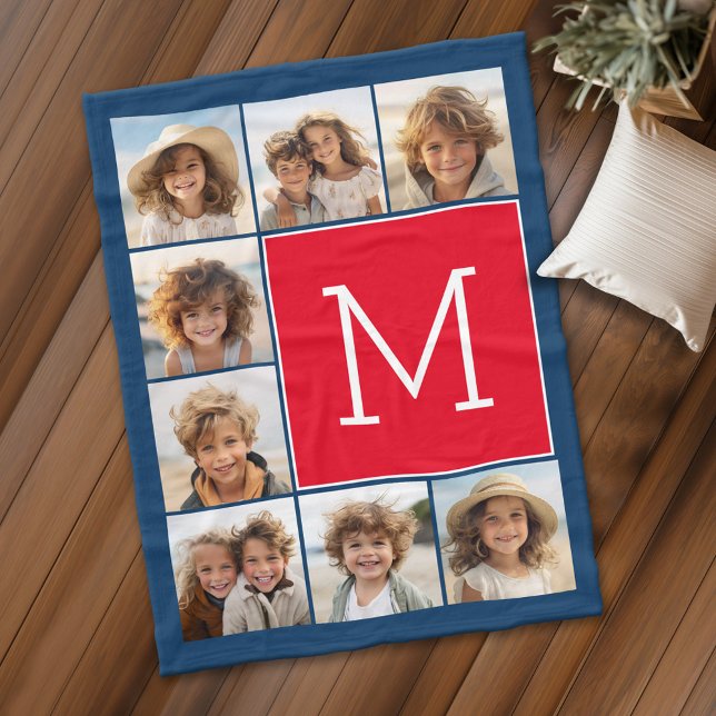 8 Photo Collage Monogram - Blue och Red Fleecefilt (Personalized fleece blanket with 8 photos and a monogram)