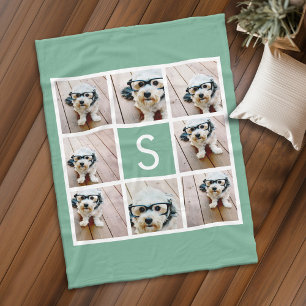 8 Photo Collage Single Monogram - Mint-Grönt Fleecefilt