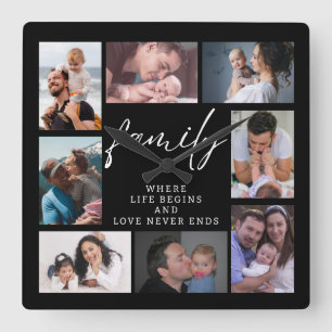 8 Photo Collage Template Family Kärlek Quote Black Fyrkantig Klocka