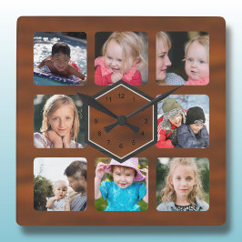 8 Photo Collage Wood Mönster Fyrkantig Klocka