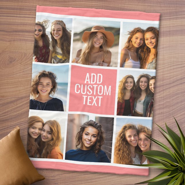 8 Photo Coral Peach Collage Anpassningsbar Monogra Fleecefilt (Personalized Fleece Blanket - Add Photos and Text or Customize completely in advanced design area)