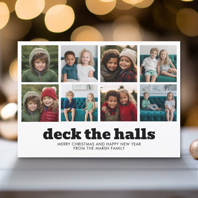 8 Photo Deck Halls Black White-julpapp Julkort (Modern Holiday Greeting Card with a Family Photo)