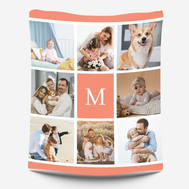 8 Photo Family Collage Monogram Coral Peach Anpass Fleecefilt (Skapare uppladdad)