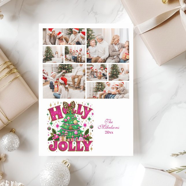 8 Photo Glitter Leopard Bow Holly Jolly Julkort (Skapare uppladdad)