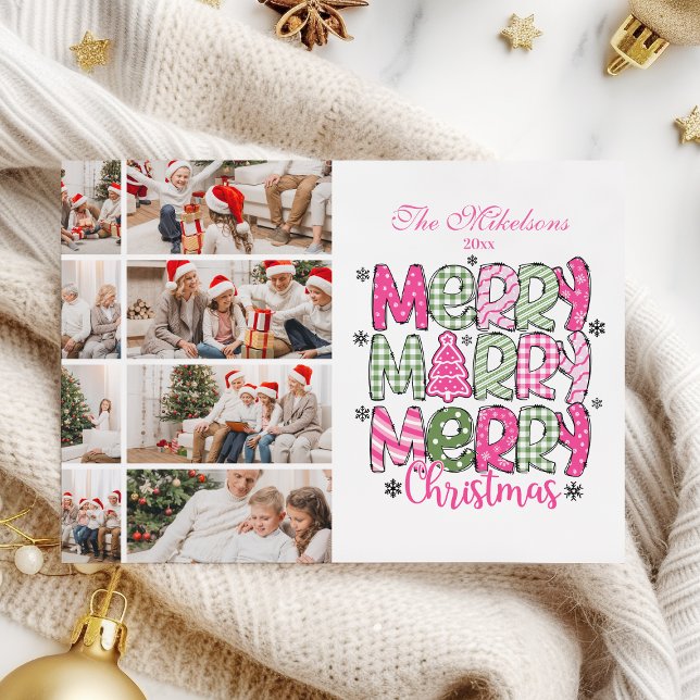 8 Photo Pink Green Merry Christmas Holiday Julkort (Skapare uppladdad)